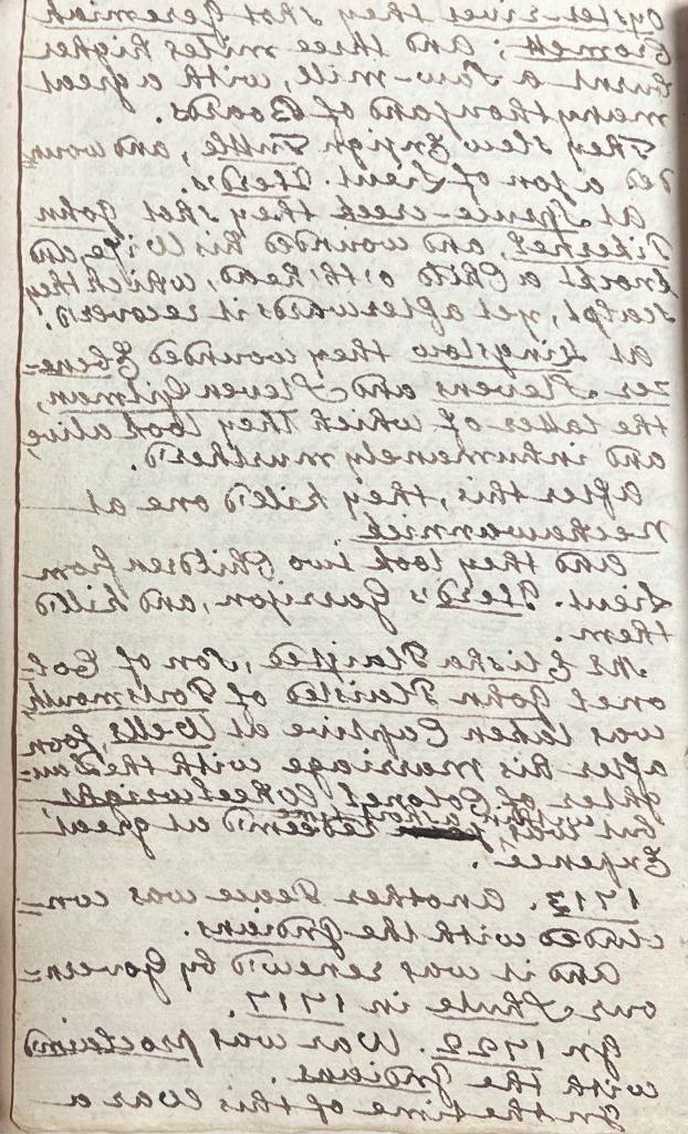 Fitch’s cursive handwriting appears in faded black ink on browned paper. Events are organized chronologically down the page, with key figures, places, and dates underlined for emphasis. 